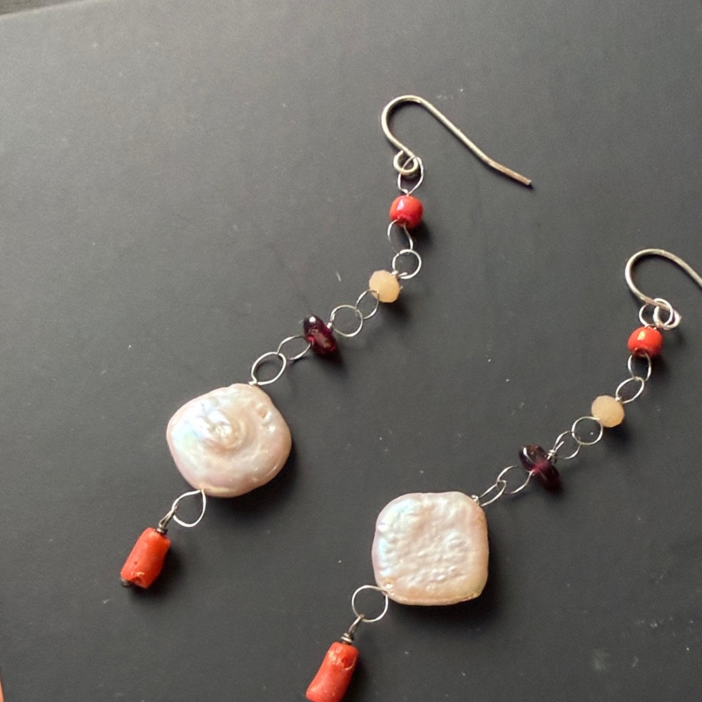 Sterling Silver Pearl and Coral Dangle Earrings